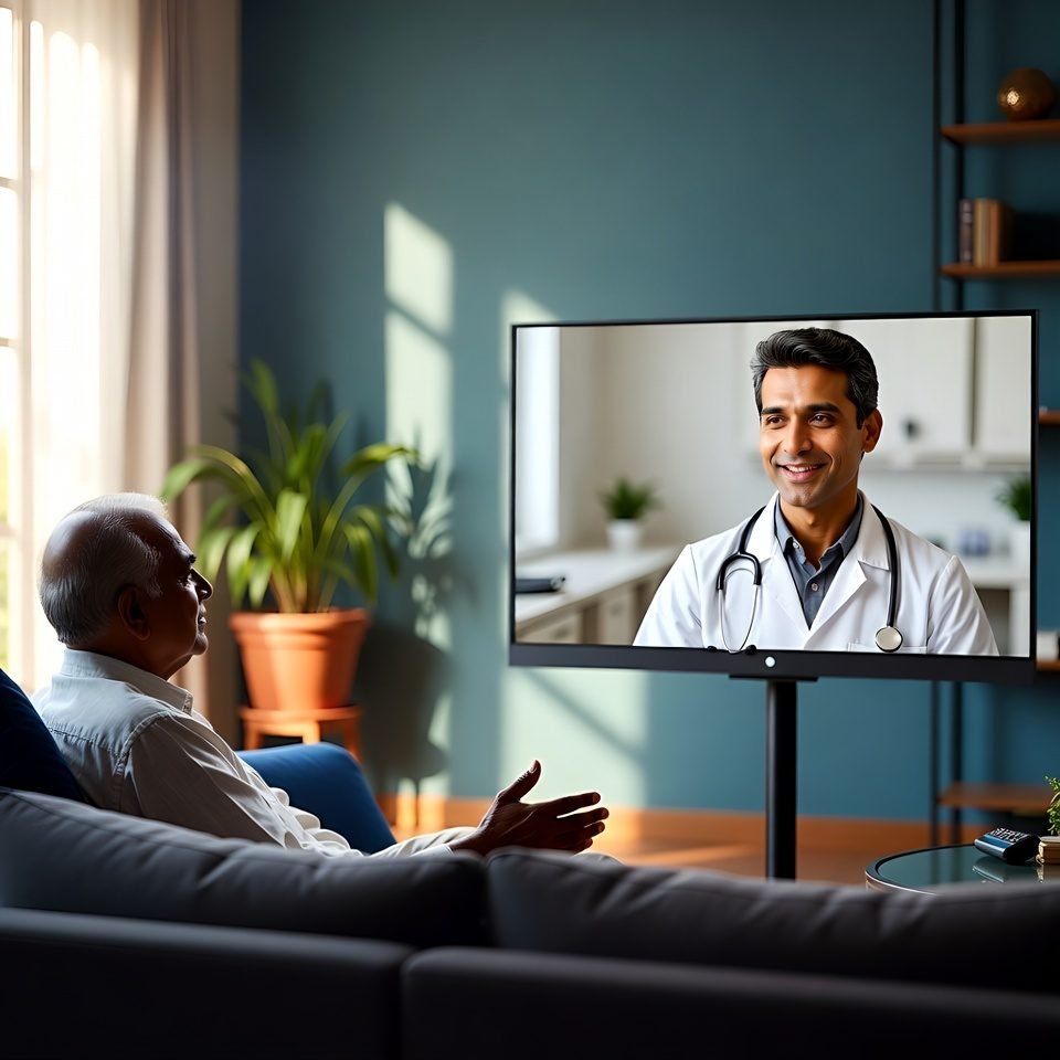 A patient at home talking to a doctor on a video call